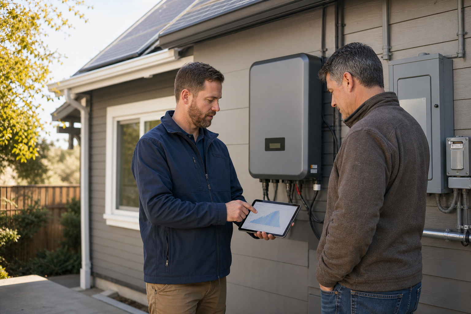 Solar system owner and assessor reviewing existing inverter performance