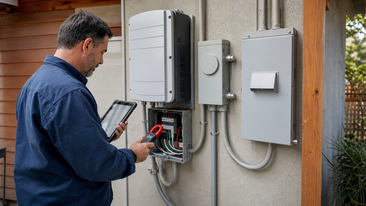 Technician documenting diagnostic readings from an existing solar power system